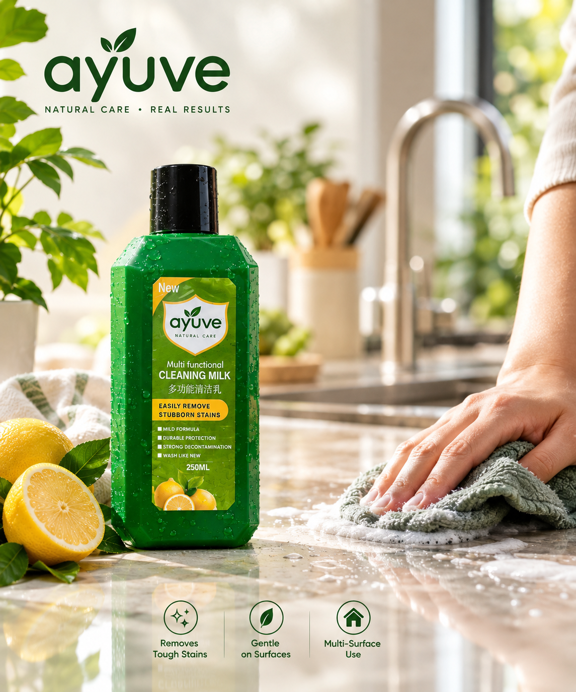 ayuve Cleaning Milk wiped across marble countertop